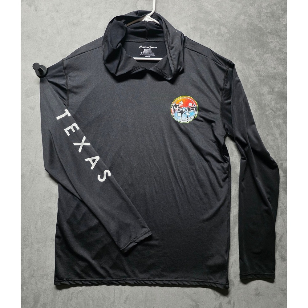 Maui and Sons Mens Black Texas‎ Hooded Sun Shirt Rash Guard UPF 50+ Large